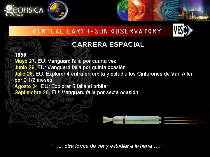CARRERA ESPACIAL 1958 Mayo 27, EU: Vanguard falla por cuarta vez Junio 26, EU: