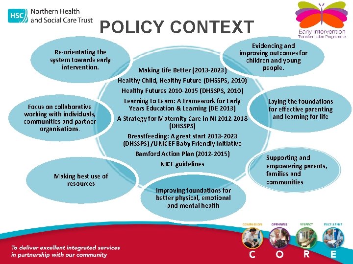 POLICY CONTEXT Re-orientating the system towards early intervention. Focus on collaborative working with individuals,