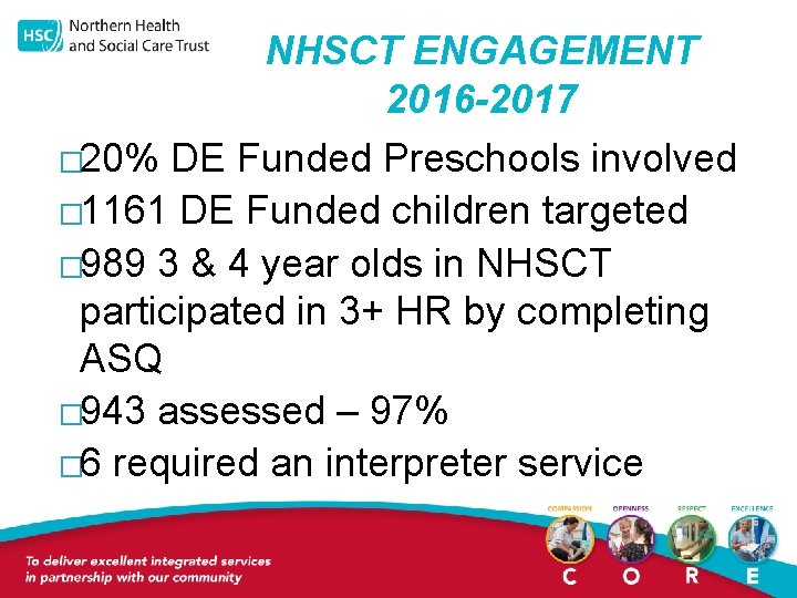 NHSCT ENGAGEMENT 2016 -2017 � 20% DE Funded Preschools involved � 1161 DE Funded