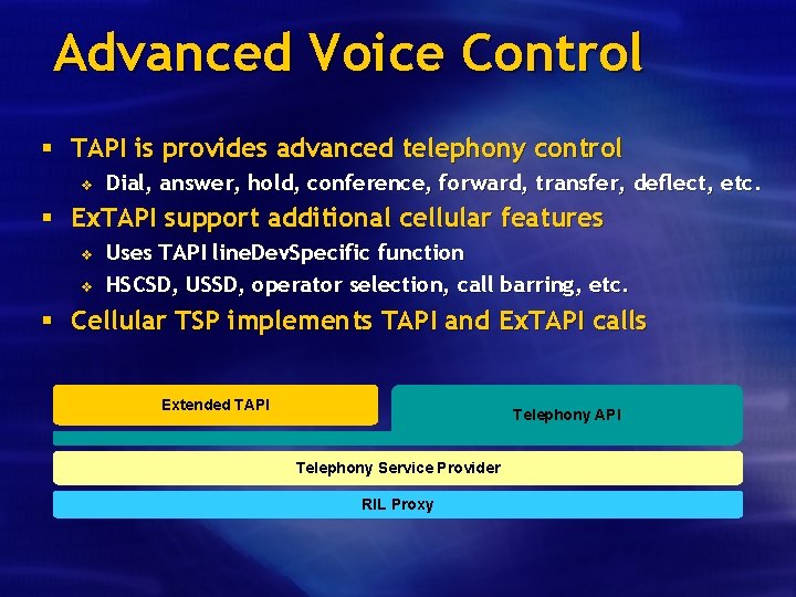 Advanced Voice Control § TAPI is provides advanced telephony control v Dial, answer, hold,