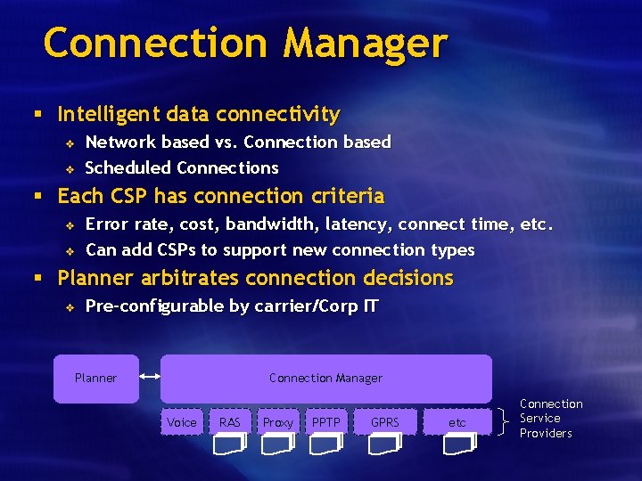 Connection Manager § Intelligent data connectivity v v Network based vs. Connection based Scheduled