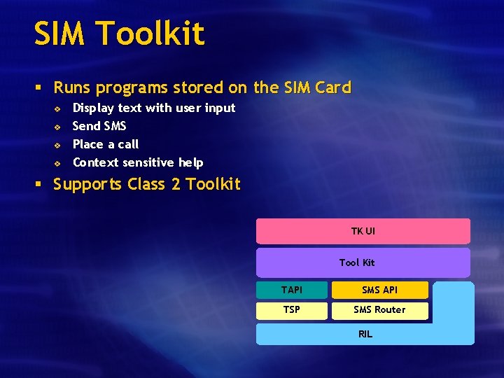 SIM Toolkit § Runs programs stored on the SIM Card v v Display text