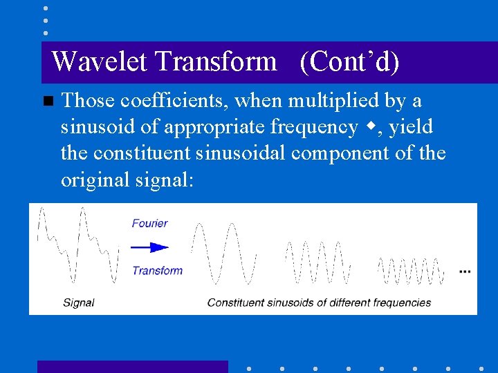 Wavelet Transform (Cont’d) n Those coefficients, when multiplied by a sinusoid of appropriate frequency
