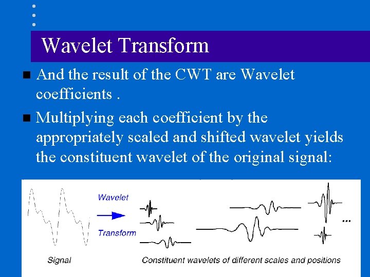 Wavelet Transform And the result of the CWT are Wavelet coefficients. n Multiplying each