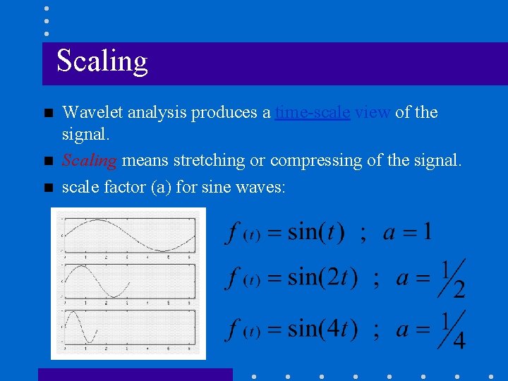 Scaling n n n Wavelet analysis produces a time-scale view of the signal. Scaling