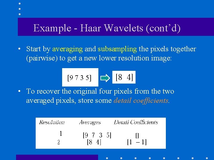Example - Haar Wavelets (cont’d) • Start by averaging and subsampling the pixels together