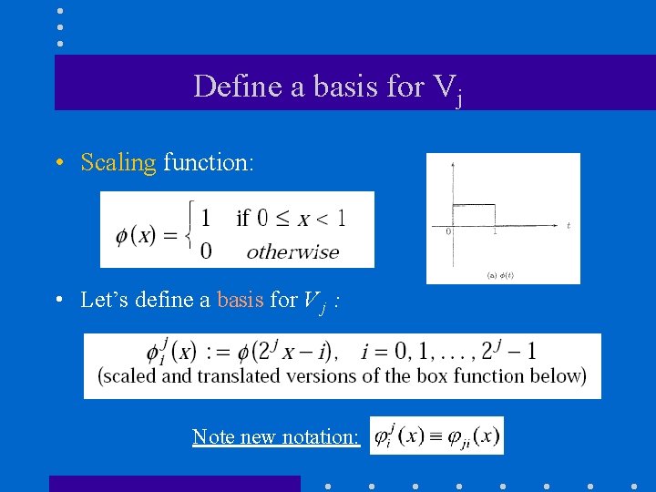Define a basis for Vj • Scaling function: • Let’s define a basis for