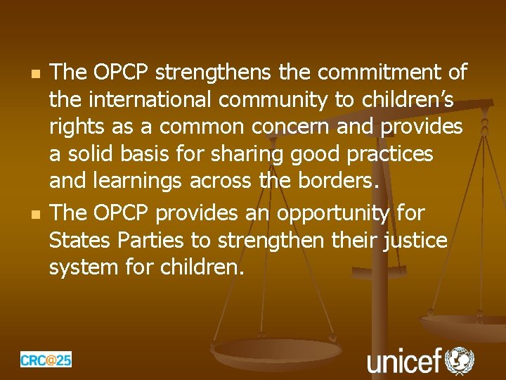 n n The OPCP strengthens the commitment of the international community to children’s rights n n The OPCP strengthens the commitment of the international community to children’s rights
