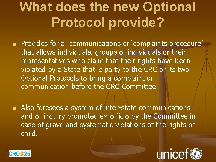 What does the new Optional Protocol provide? n n Provides for a communications or What does the new Optional Protocol provide? n n Provides for a communications or
