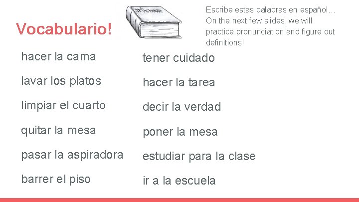 Vocabulario! Escribe estas palabras en español… On the next few slides, we will practice