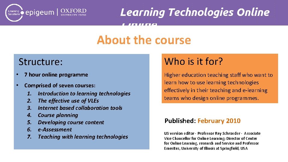 Learning Technologies Online About the course Structure: • 7 hour online programme • Comprised
