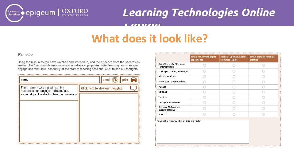 Learning Technologies Online What does it look like? 