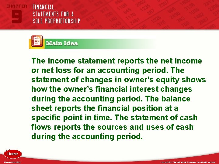 The income statement reports the net income or net loss for an accounting period.