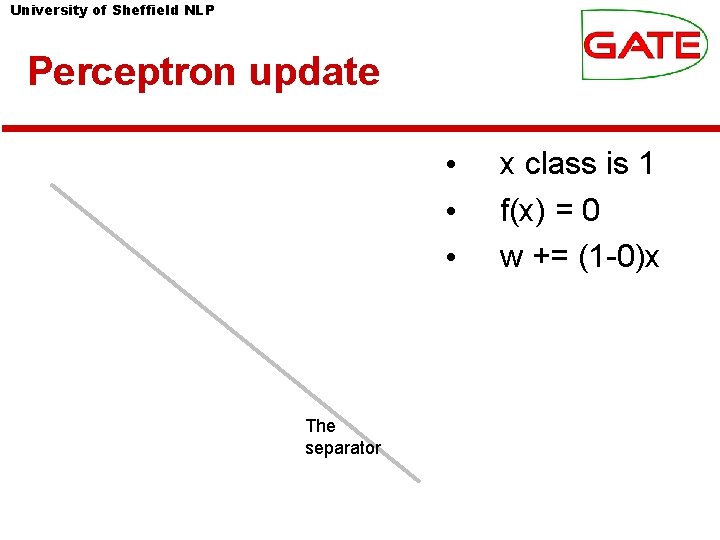 University of Sheffield NLP Perceptron update • • • The separator x class is