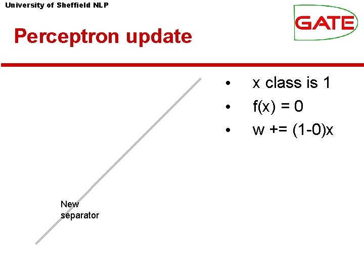 University of Sheffield NLP Perceptron update • • • New separator x class is