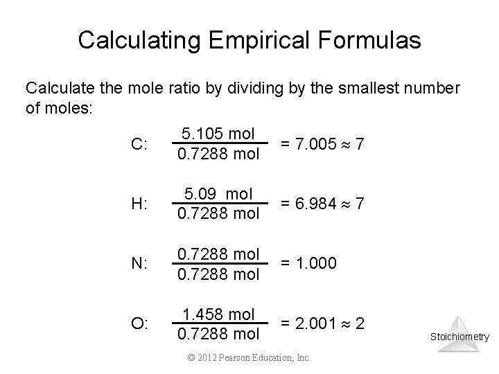 Calculating Empirical Formulas Calculate the mole ratio by dividing by the smallest number of