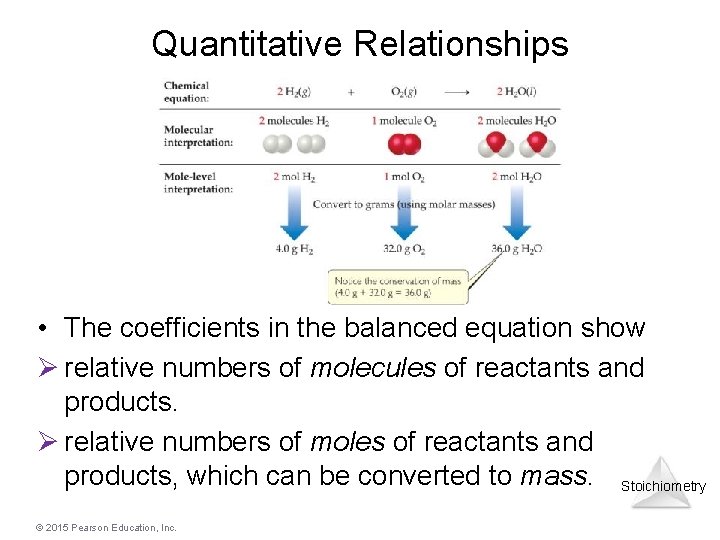 Quantitative Relationships • The coefficients in the balanced equation show Ø relative numbers of