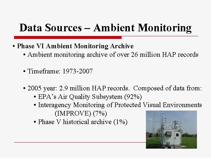 Data Sources – Ambient Monitoring • Phase VI Ambient Monitoring Archive • Ambient monitoring