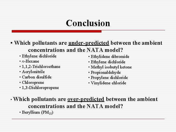 Conclusion • Which pollutants are under-predicted between the ambient concentrations and the NATA model?