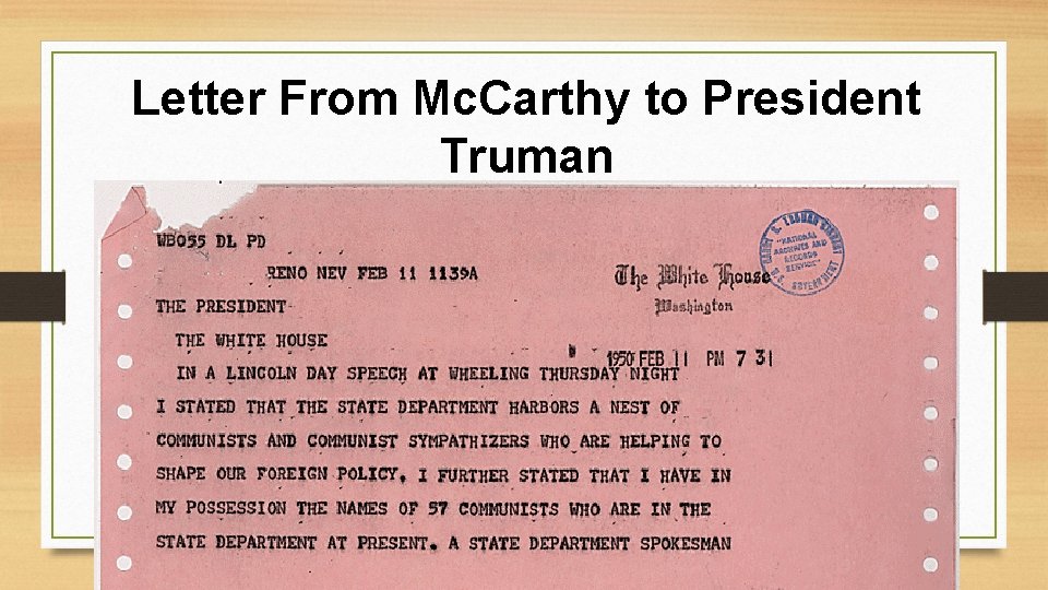 Letter From Mc. Carthy to President Truman 
