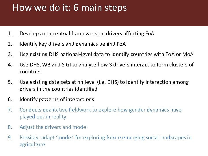 How we do it: 6 main steps 1. Develop a conceptual framework on drivers