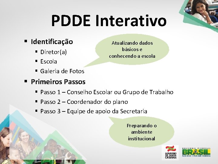 PDDE Interativo § Identificação § Diretor(a) § Escola § Galeria de Fotos Atualizando dados