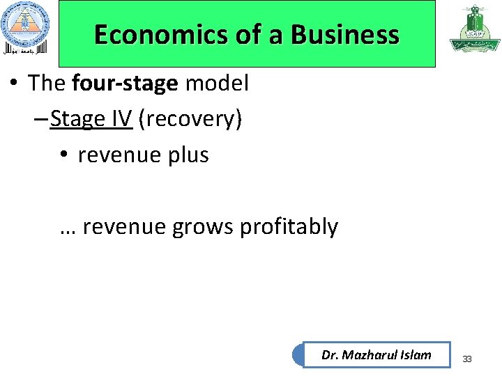 Economics of a Business • The four-stage model – Stage IV (recovery) • revenue