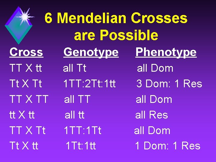 6 Mendelian Crosses are Possible Cross Genotype Phenotype TT X tt Tt X Tt