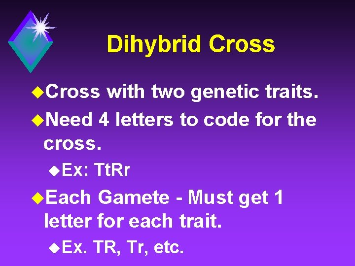 Dihybrid Cross u. Cross with two genetic traits. u. Need 4 letters to code