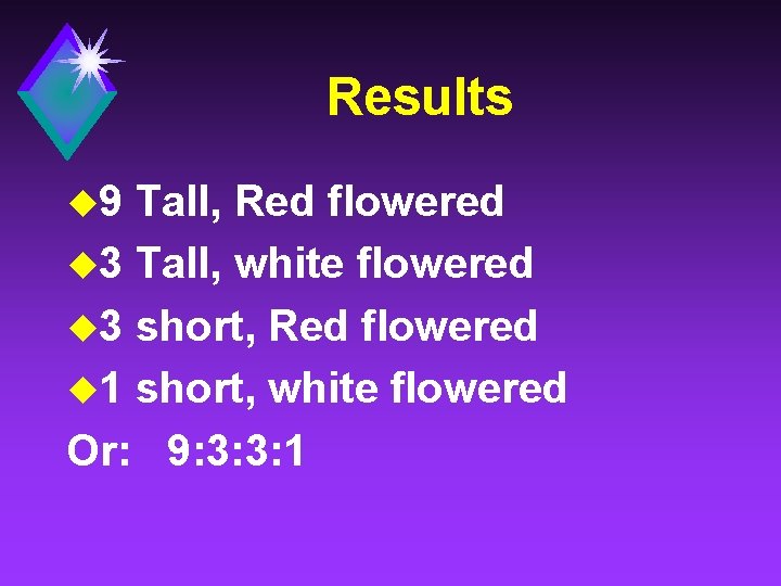 Results u 9 Tall, Red flowered u 3 Tall, white flowered u 3 short,