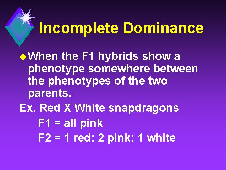 Incomplete Dominance u. When the F 1 hybrids show a phenotype somewhere between the