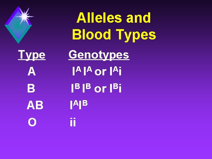 Alleles and Blood Types Type A B AB O Genotypes IA IA or IAi