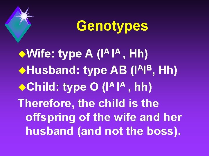 Genotypes u. Wife: type A (IA IA , Hh) u. Husband: type AB (IAIB,