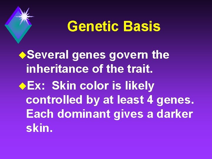 Genetic Basis u. Several genes govern the inheritance of the trait. u. Ex: Skin