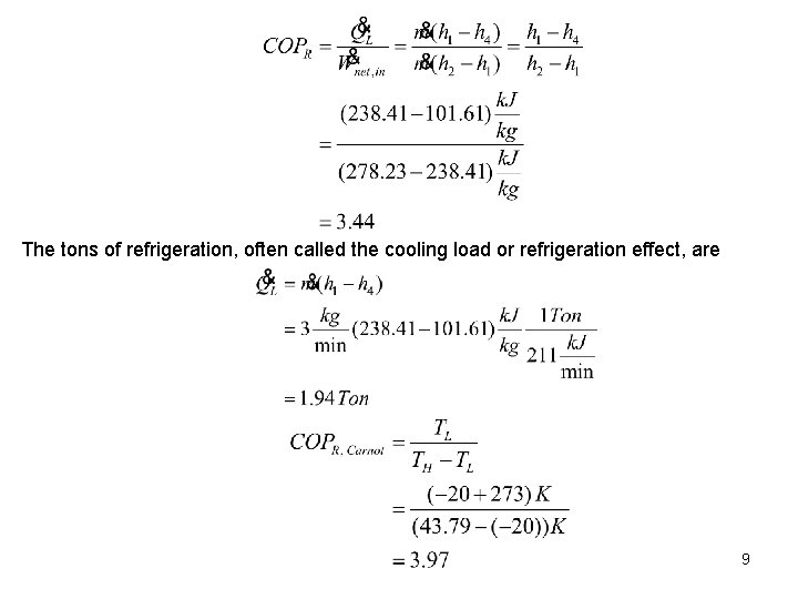 The tons of refrigeration, often called the cooling load or refrigeration effect, are 9