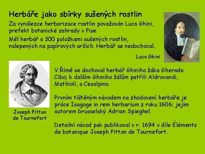 Herbáře jako sbírky sušených rostlin Za vynálezce herbarizace rostlin považován Luca Ghini, prefekt botanické Herbáře jako sbírky sušených rostlin Za vynálezce herbarizace rostlin považován Luca Ghini, prefekt botanické