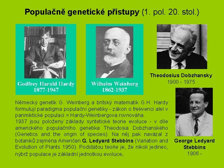 Populačně genetické přístupy (1. pol. 20. stol. ) Theodosius Dobzhansky 1900 - 1975 Německý Populačně genetické přístupy (1. pol. 20. stol. ) Theodosius Dobzhansky 1900 - 1975 Německý