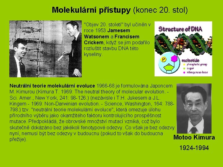 Molekulární přístupy (konec 20. stol) "Objev 20. století" byl učiněn v roce 1953 Jamesem Molekulární přístupy (konec 20. stol) "Objev 20. století" byl učiněn v roce 1953 Jamesem