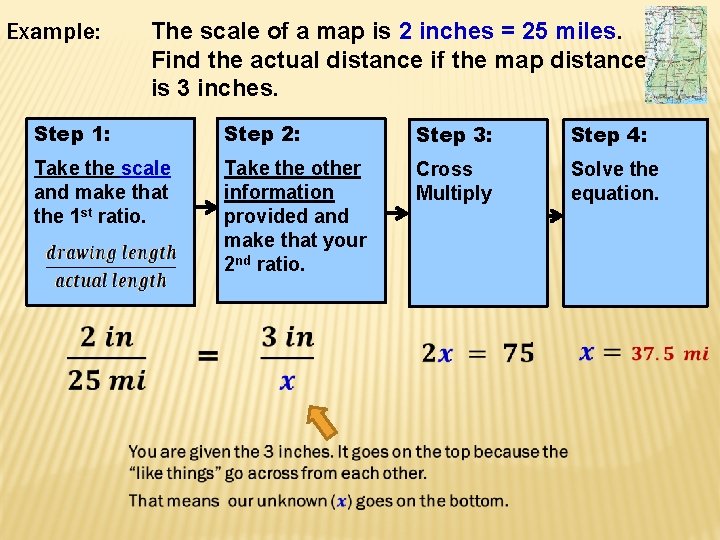 Example: The scale of a map is 2 inches = 25 miles. Find the