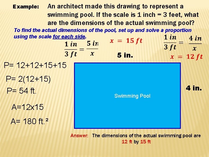 Example: An architect made this drawing to represent a swimming pool. If the scale