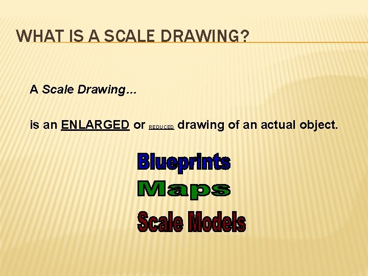 WHAT IS A SCALE DRAWING? A Scale Drawing… is an ENLARGED or REDUCED drawing