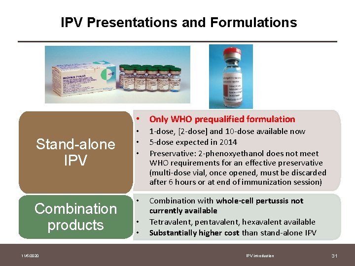 IPV Presentations and Formulations • Only WHO prequalified formulation Stand-alone IPV Combination products 11/5/2020