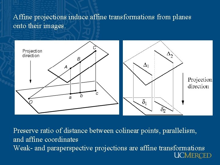 Affine projections induce affine transformations from planes onto their images. Preserve ratio of distance