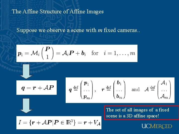 The Affine Structure of Affine Images Suppose we observe a scene with m fixed