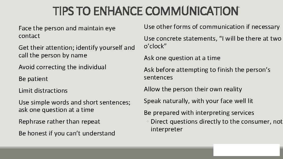 TIPS TO ENHANCE COMMUNICATION Face the person and maintain eye contact Use other forms