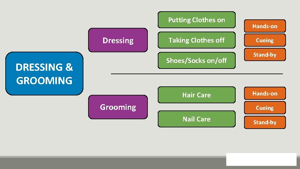 Putting Clothes on Dressing Taking Clothes off Shoes/Socks on/off DRESSING & GROOMING Hair Care