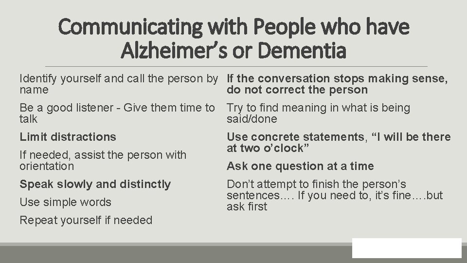 Communicating with People who have Alzheimer’s or Dementia Identify yourself and call the person