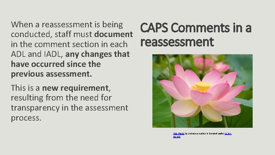 When a reassessment is being conducted, staff must document in the comment section in