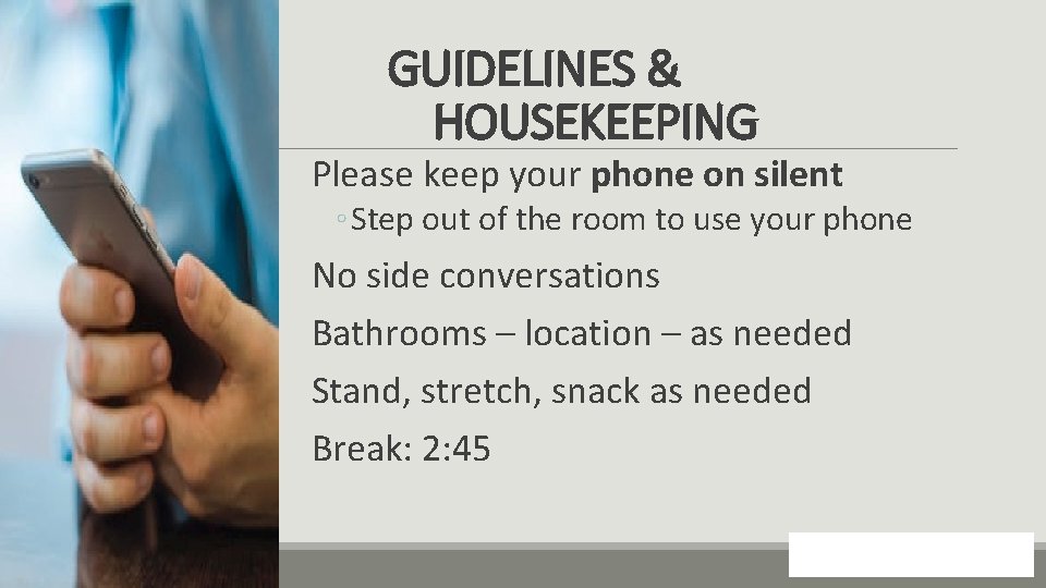 GUIDELINES & HOUSEKEEPING Please keep your phone on silent ◦ Step out of the