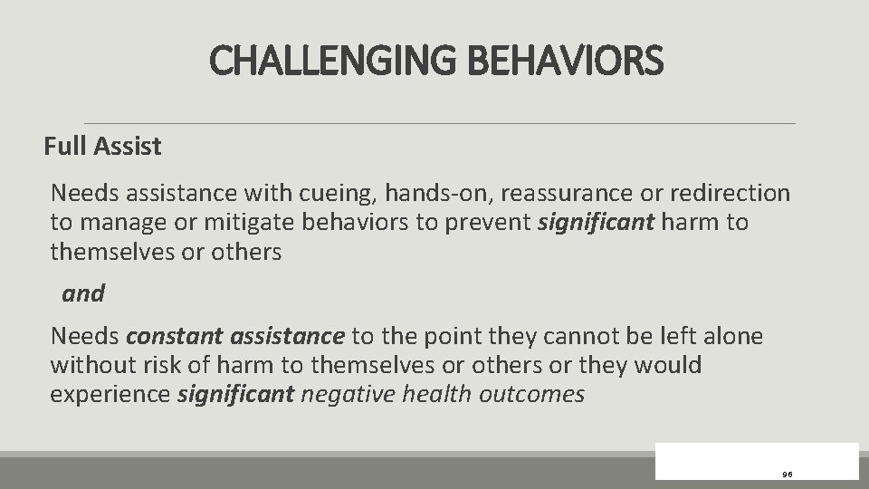 CHALLENGING BEHAVIORS Full Assist Needs assistance with cueing, hands-on, reassurance or redirection to manage